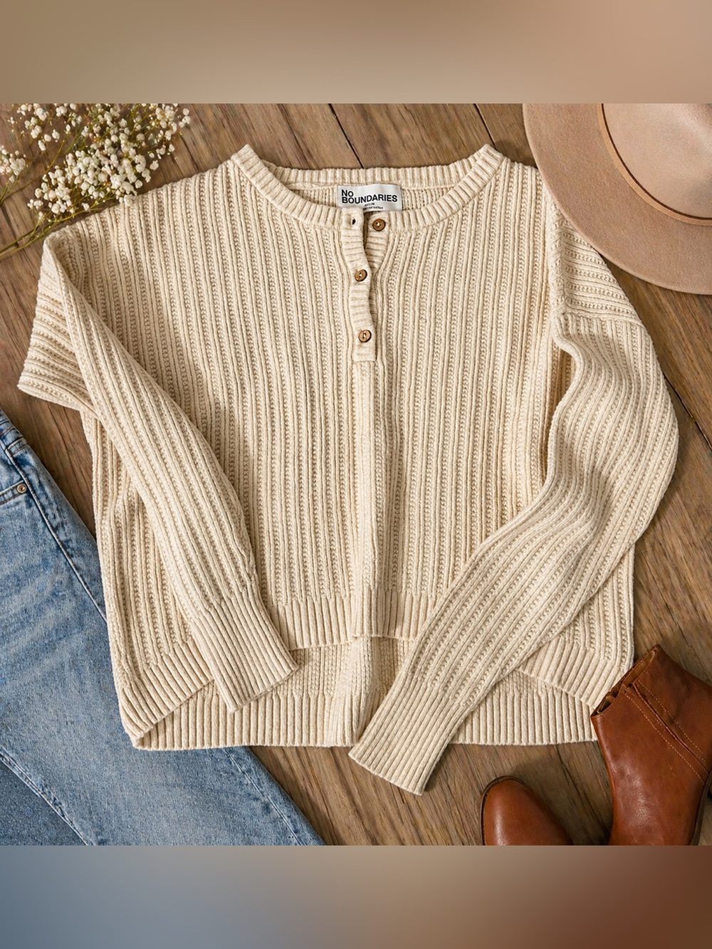 No Boundaries Cream Ribbed Knit Henley Sweater XXS Cropped Cozy Neutral